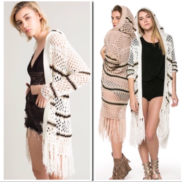 pol Sweaters - Woven knit stripe tunic cardigan with Fringe